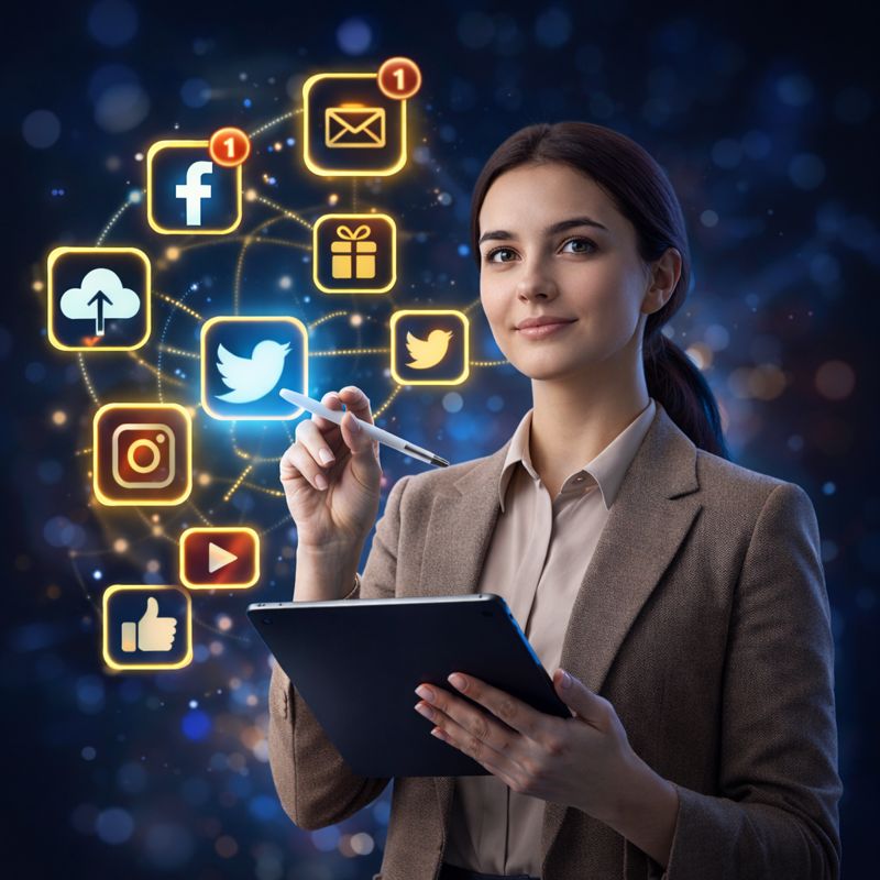 Digital marketing professional with social media icons